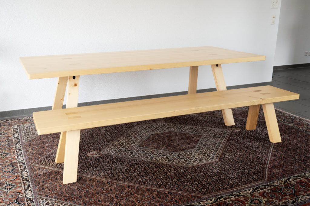 table et banc en épicéa massif 50 mm verni mat